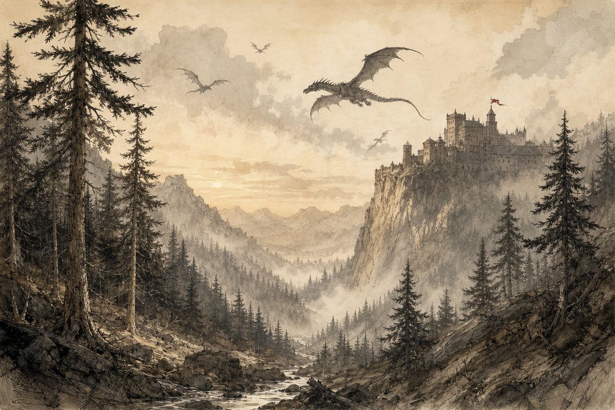 Ink and watercolor illustration of a misty valley at dawn with dragons flying over a cliffside fortress